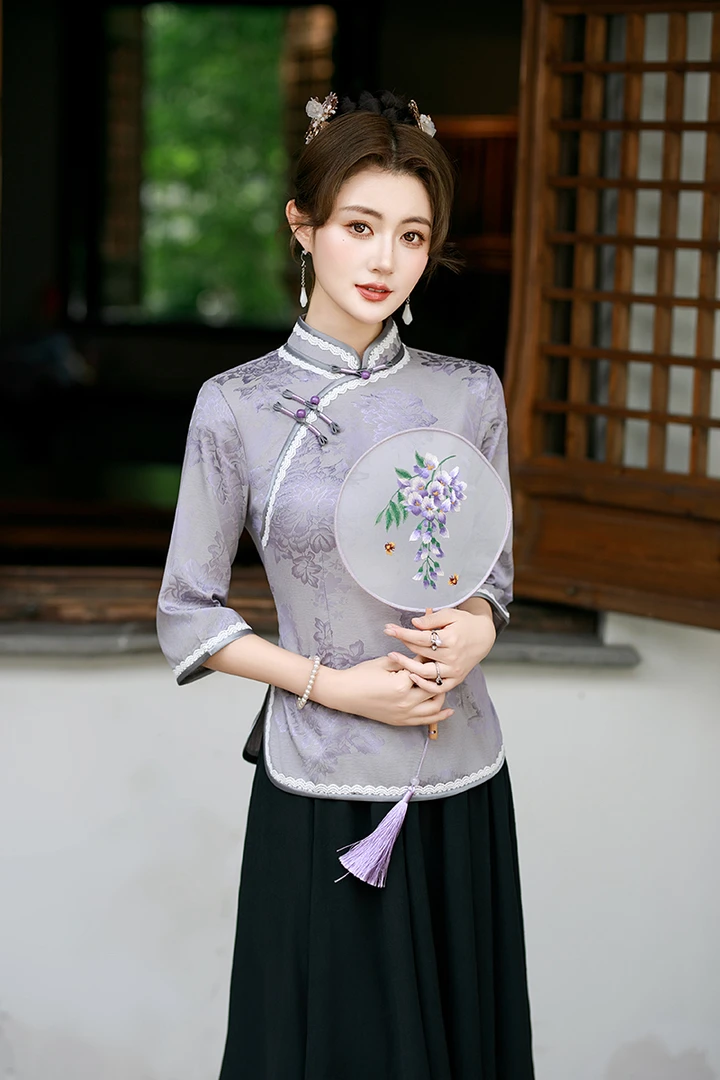 金粉世家 中国风夏季薄款提花七分袖花边立领旗袍小上衣