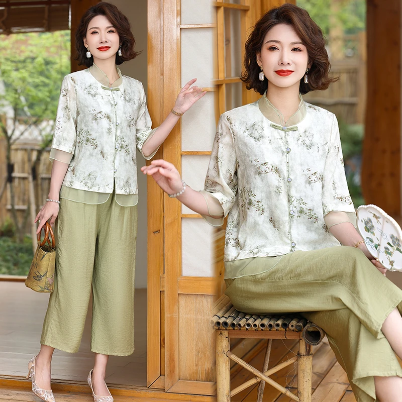 妈妈装夏款国风衬衫洋气2025新款中老年夏季中袖新中式