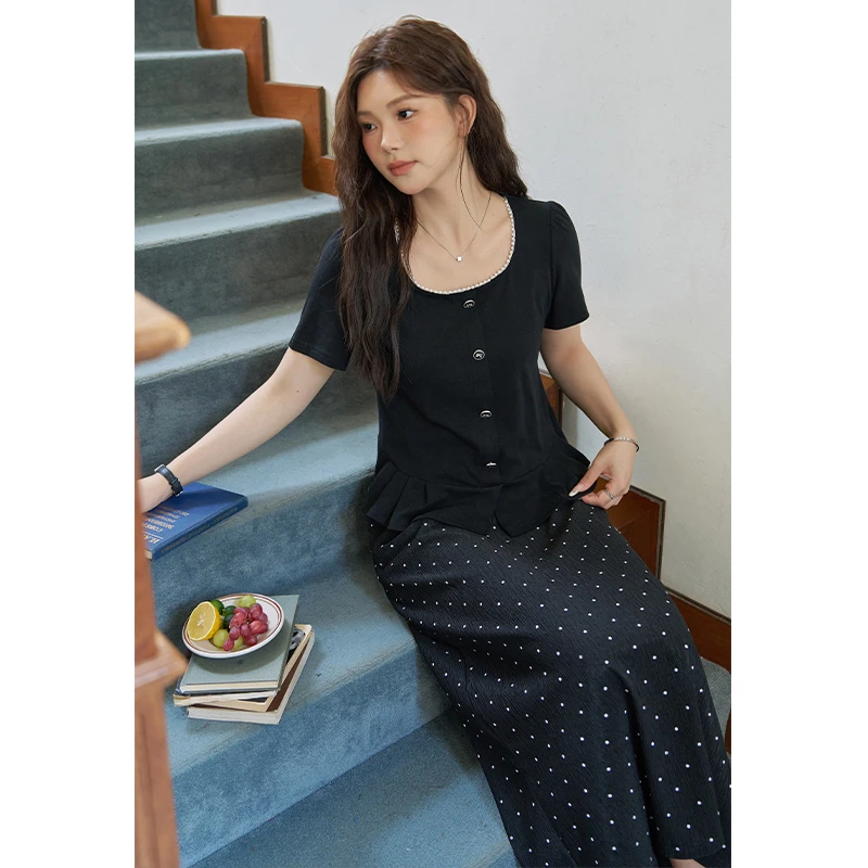 五季家大码女装【半生韶华】夏季显瘦上衣波点半身裙两件套ZL106306