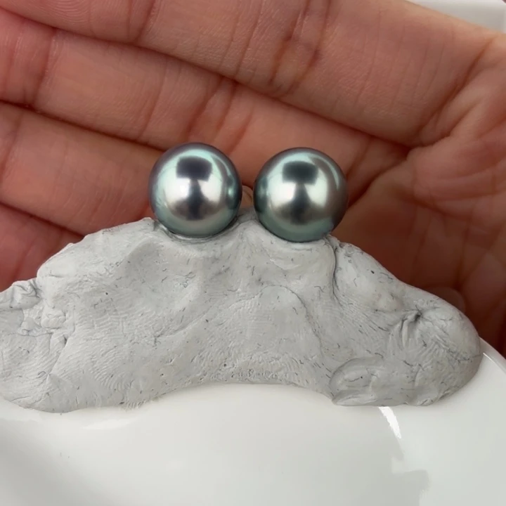 定制海水珍珠18K金镶嵌耳饰11-12正圆铂金灰蓝两颗