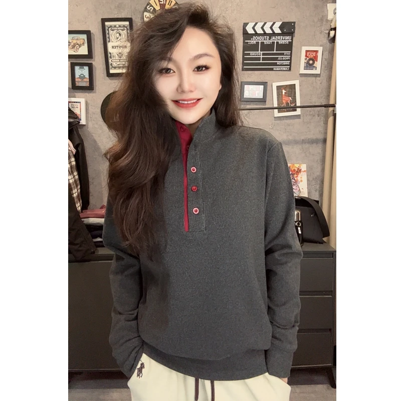 加绒加厚立领纽扣卫衣女秋冬款宽松百搭休闲保暖套头上衣保暖外套