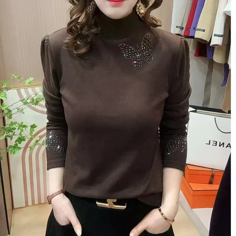 半高领保暖气质时尚百搭打底上衣蝴蝶烫钻简约休闲显瘦T恤-89168