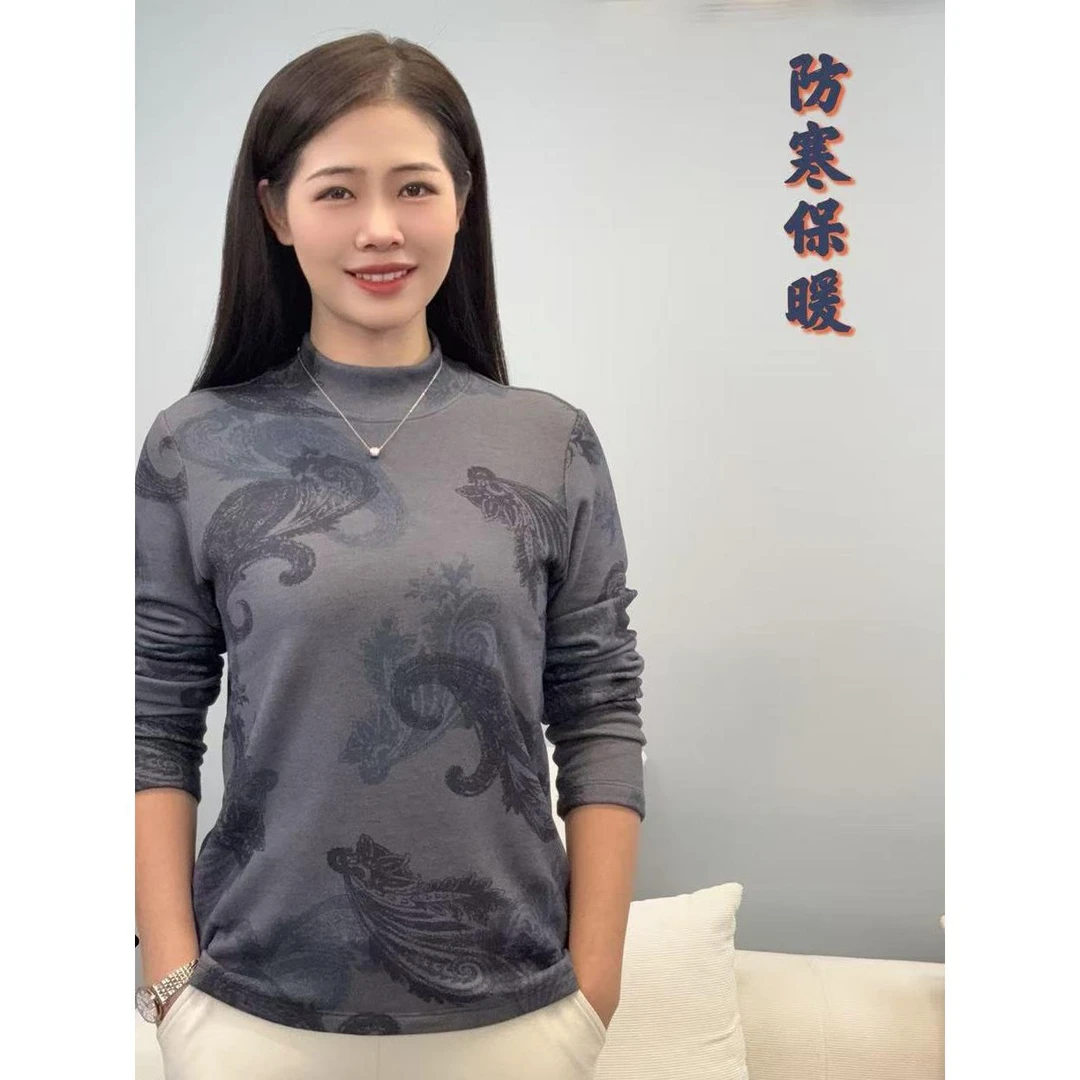 冬季新款时尚水墨画印花加厚保暖内搭半高领女装长袖打底衫