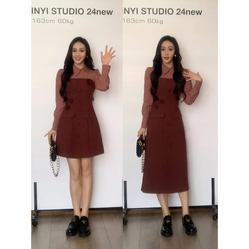 XINYI【奥汀玫瑰】秋季衬衫拼接假两件连衣裙收腰显瘦X624Q13950