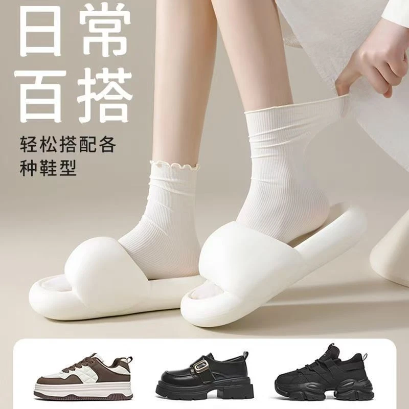 五双夏天薄款木耳花边冰冰袜子女夏季中筒ins学院风简约纯色袜子