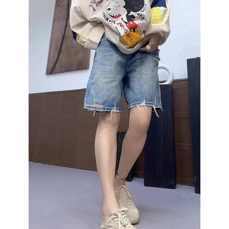 爆款直筒五分休闲短裤女小个子高腰显瘦宽松毛边牛仔裤女