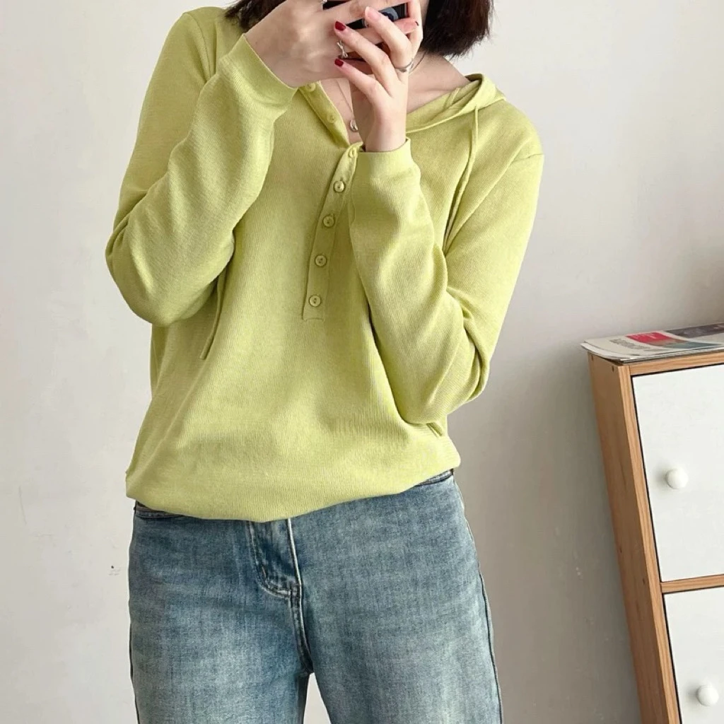 2024春秋新款刺绣针织打底衫女连帽半扣子4272