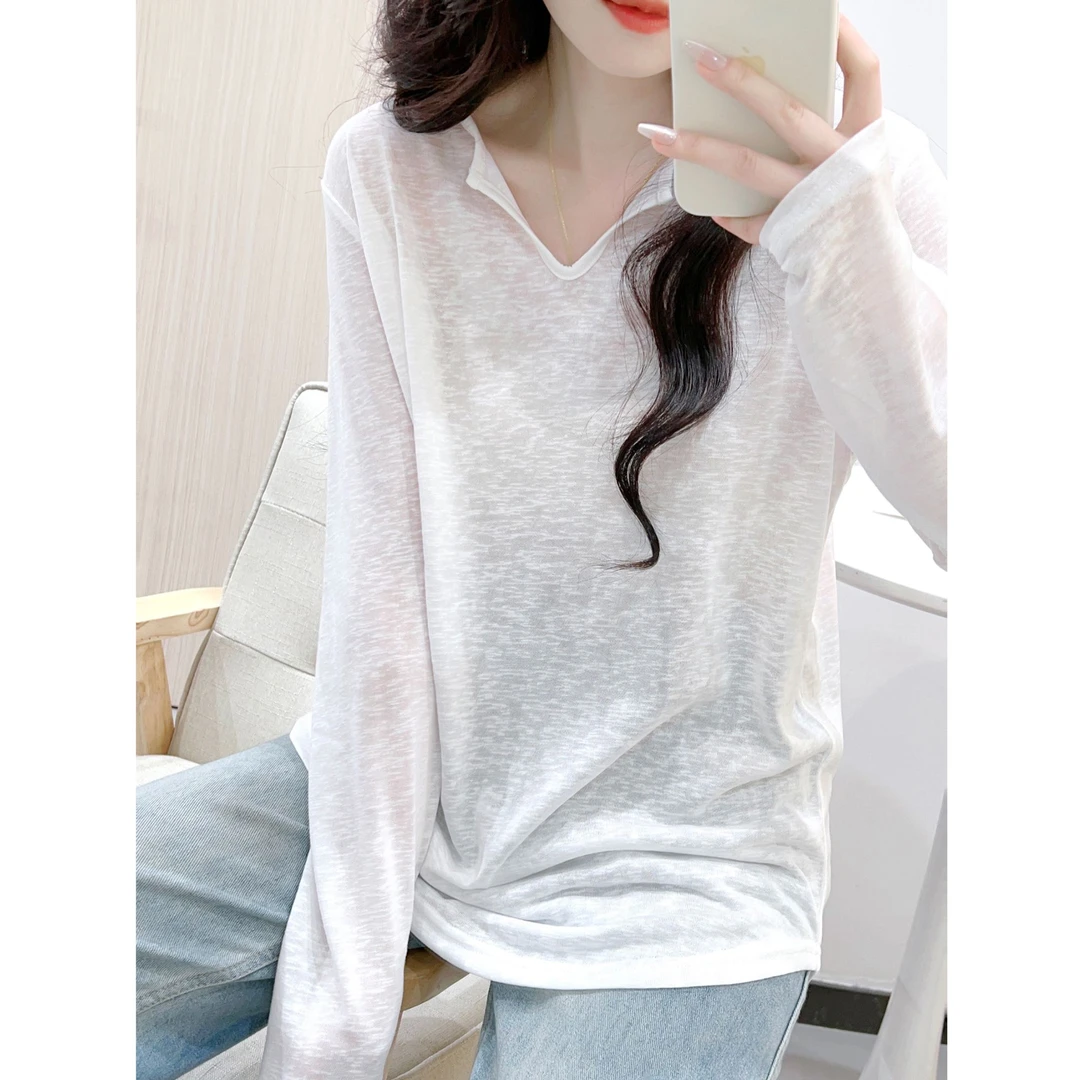 白色雪花棉V领长袖T恤女春夏季显瘦宽松防晒衫慵懒松弛感罩衫上衣
