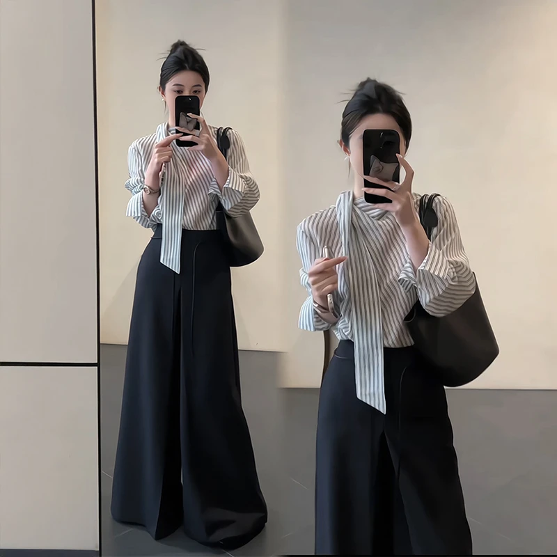 2025秋季新款时尚设计感黑白条纹侧系带衬衫上衣休闲西裤两件套女