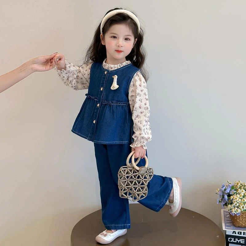 MK&UR.BV女童牛仔套装秋季新款儿童时髦秋装女宝宝碎花衬衫三件套