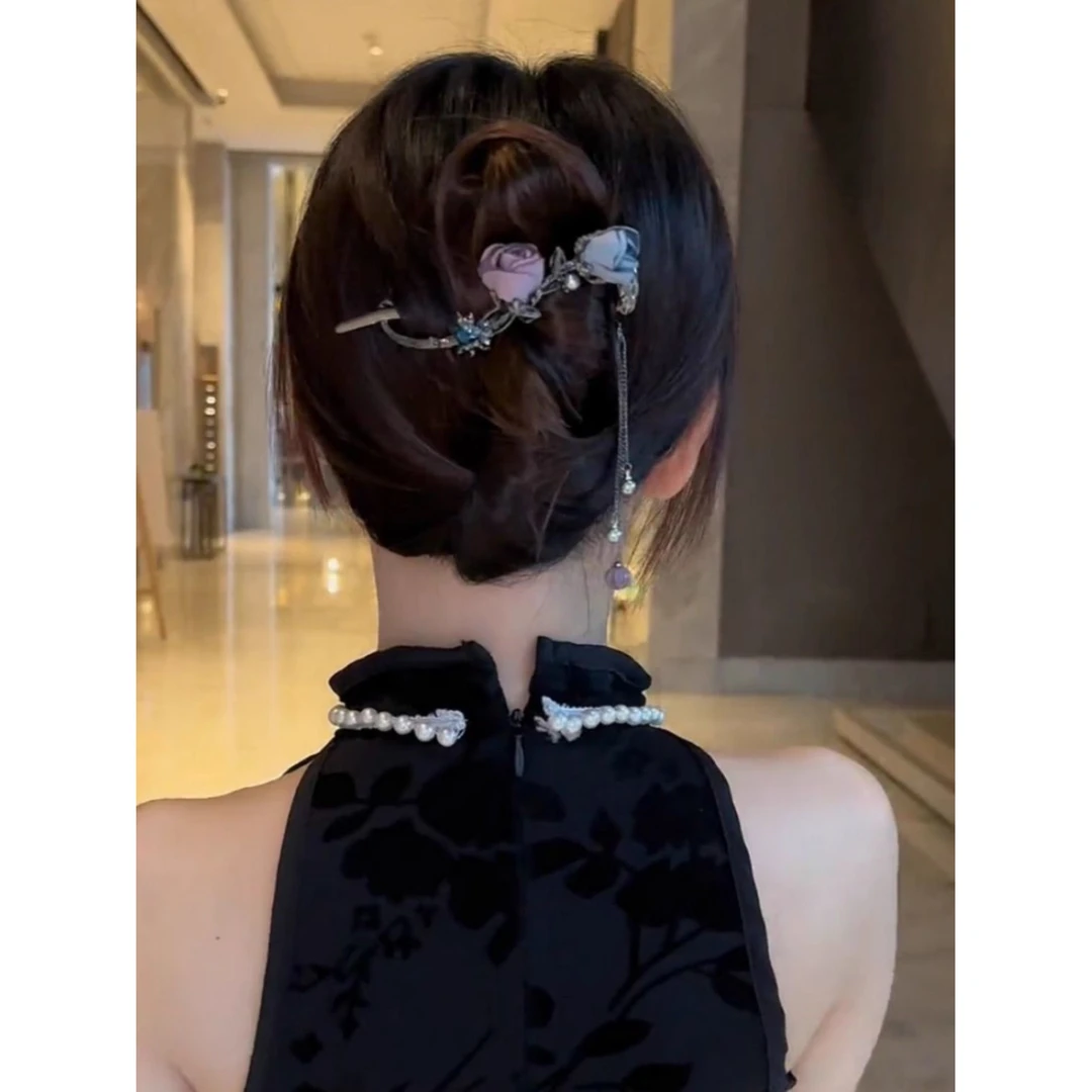 新中式玫瑰花流苏发夹古风扭扭夹后脑勺盘发一字夹子轻奢百搭头饰