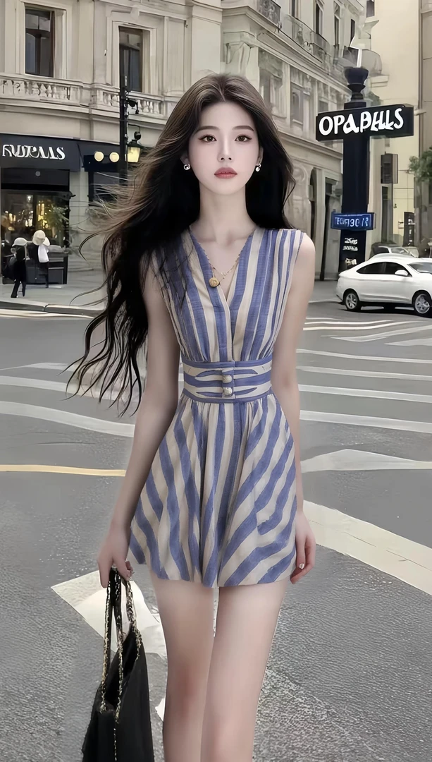 夏季新款蓝色v领无袖收腰修身连衣裙女条纹设计温柔风氛围感女装