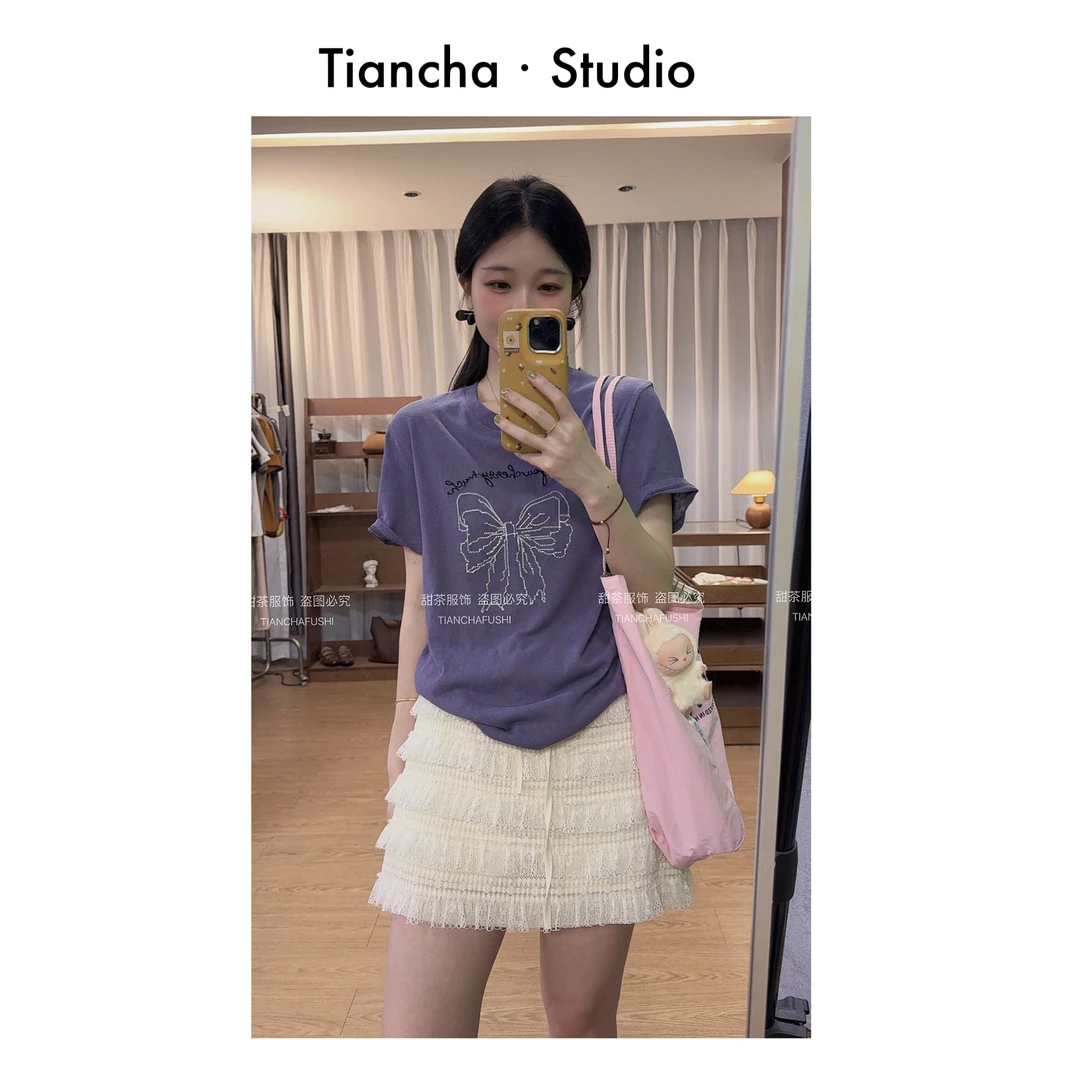 sweet c【 刺绣蝴蝶结】AA020#2025夏季韩系正肩短袖女刺绣舒适百搭