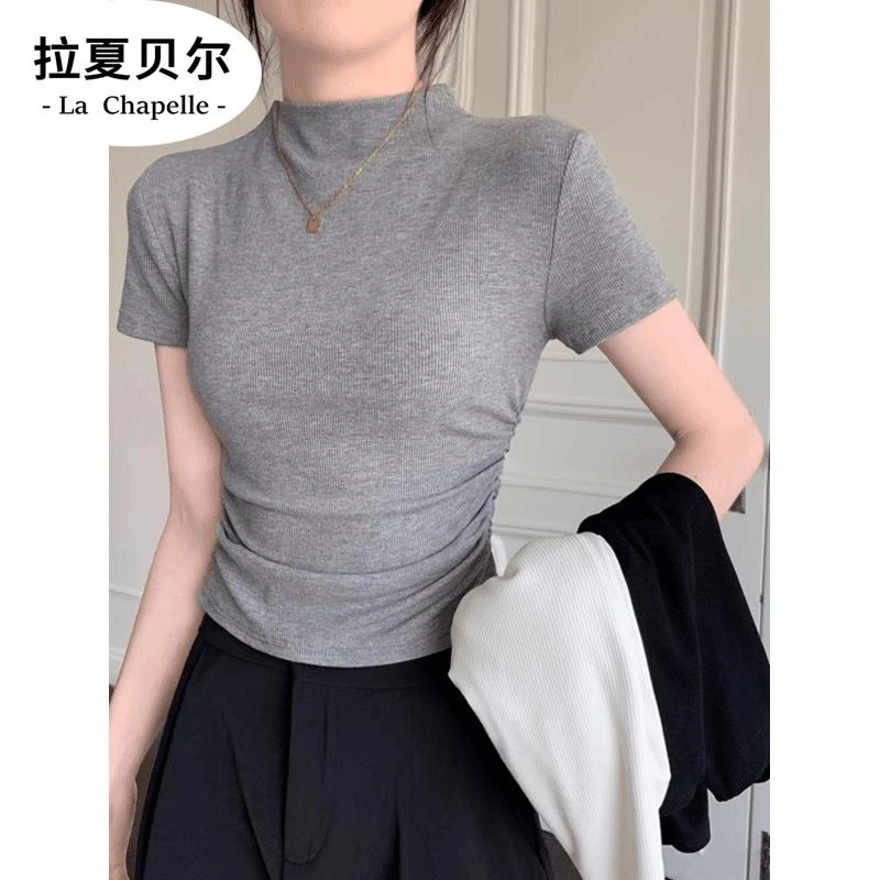 拉夏贝尔洋气灰色夏季设计感显瘦百搭短袖不规则女新款正小众肩