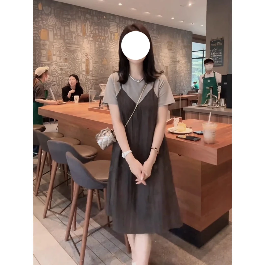 设计感小众拼接吊带假两件连衣裙女洋气减龄宽松显瘦遮肚子T恤裙