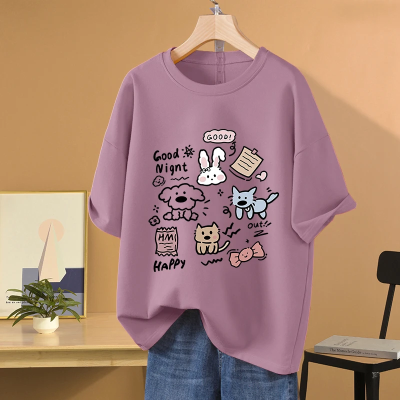 美式复古宽松大码纯棉圆领短袖t恤女装2025年新款胖mm显瘦上衣服