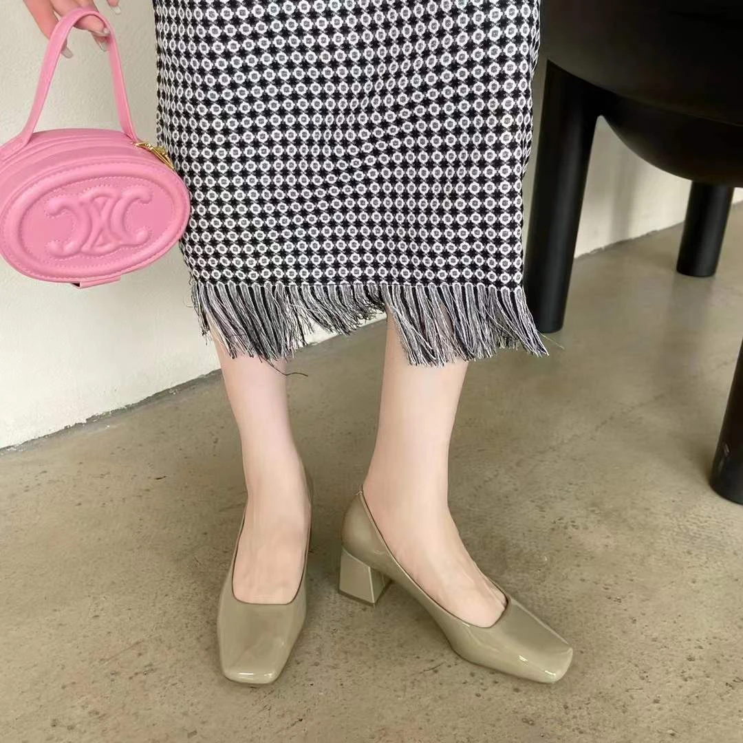 专柜正品883318气质时尚百搭粗跟高跟方头浅口跟鞋