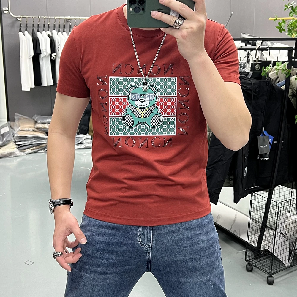 潮流圆领上衣夏季春夏时尚韩版印花短袖T恤修身男装烫钻高品质