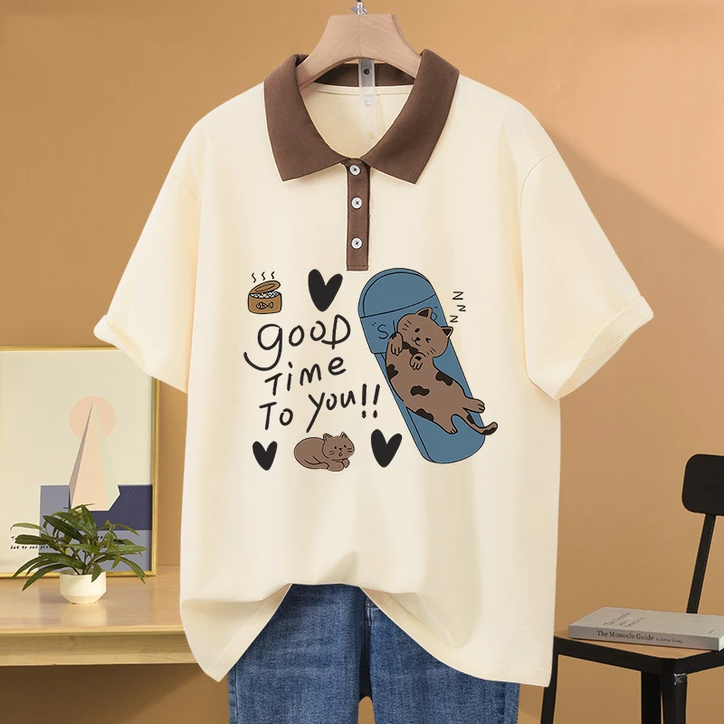 200斤胖mm宽松大码POLO领纯棉短袖t恤女装设计感小众显瘦遮肚上衣