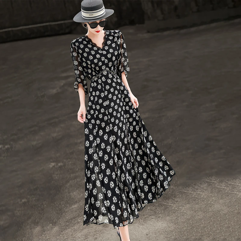 MEXCOCO/兰瑟儿夏季新款气质V领蕾丝拼接印花大摆连衣裙105XL2926