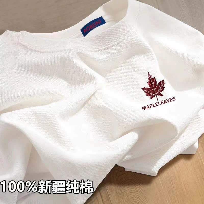白色重磅纯棉短袖t恤女新款夏季美式复古高级感小印花百搭上衣潮