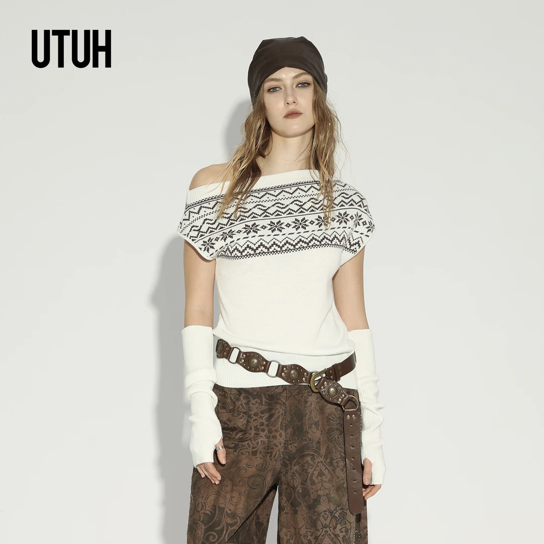 UTUH白咖色提花一字肩无袖针织衫配袖套不对称设计显瘦TDWWA1Z265