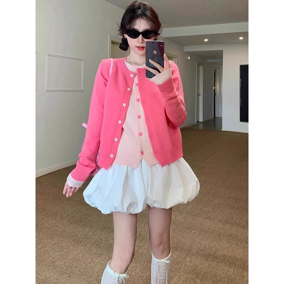 韩系拼接假两件短款毛衣女春秋冬宽松软糯别致休闲百搭针织衫