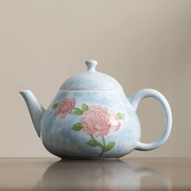 赫贺阑玫瑰花手绘梨形壶功夫茶具釉下彩手工浮雕花品茶壶一壶两杯