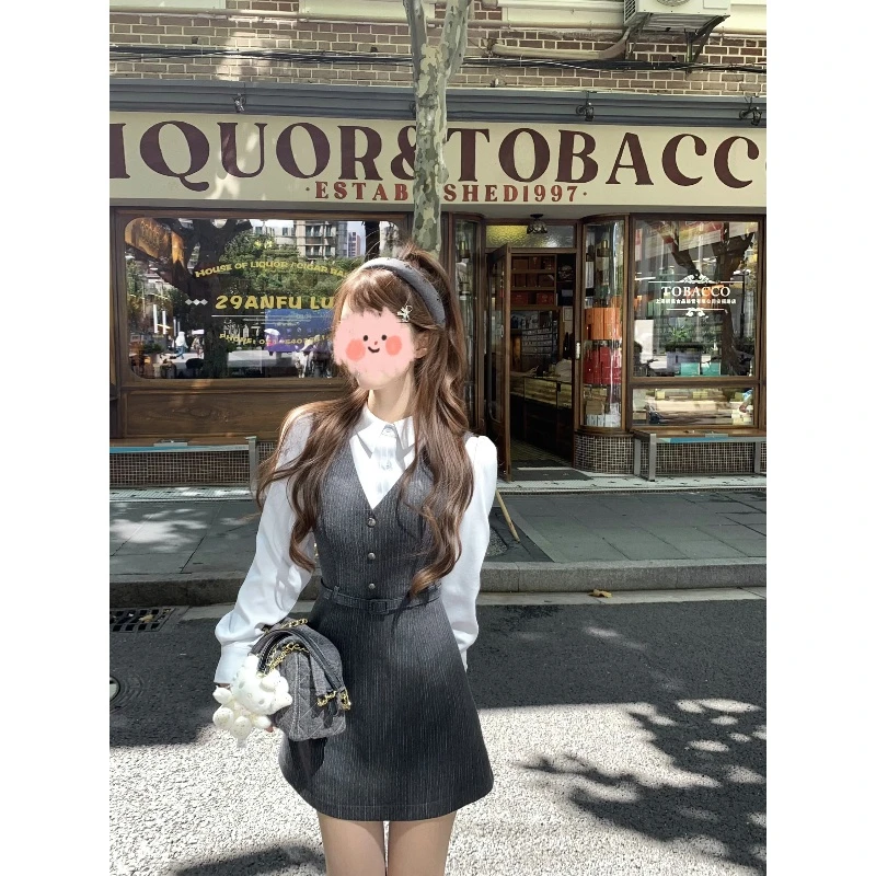 早秋2025新款女装法式复古牛仔连衣裙小个子背心长裙+衬衫两件套