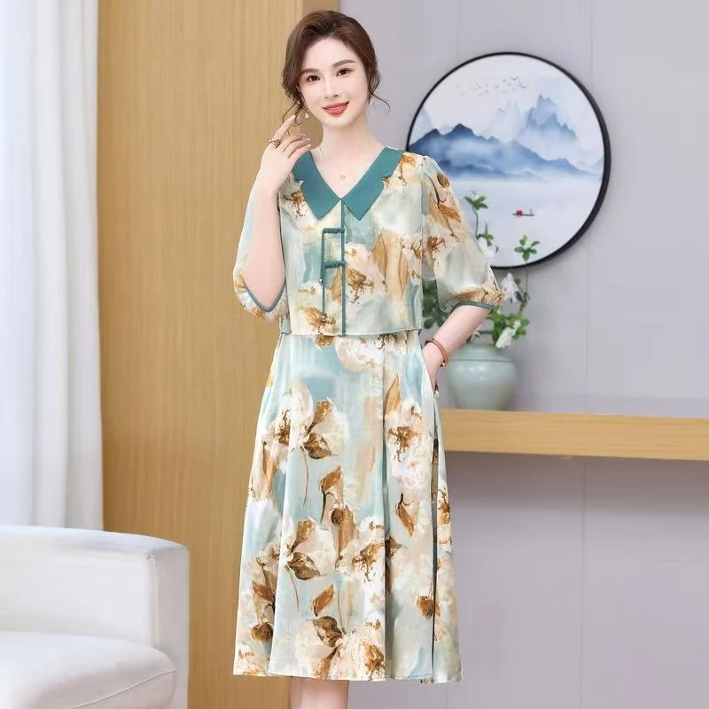 10168-中老年女装连衣裙国风中年妈妈款时尚短袖裙子【a仓】