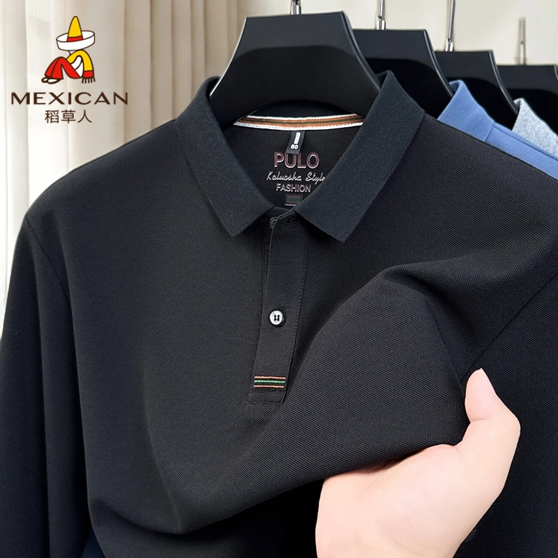 Mexican/稻草人polo衫男款春秋季商务翻领上衣宽松休闲长袖t恤男