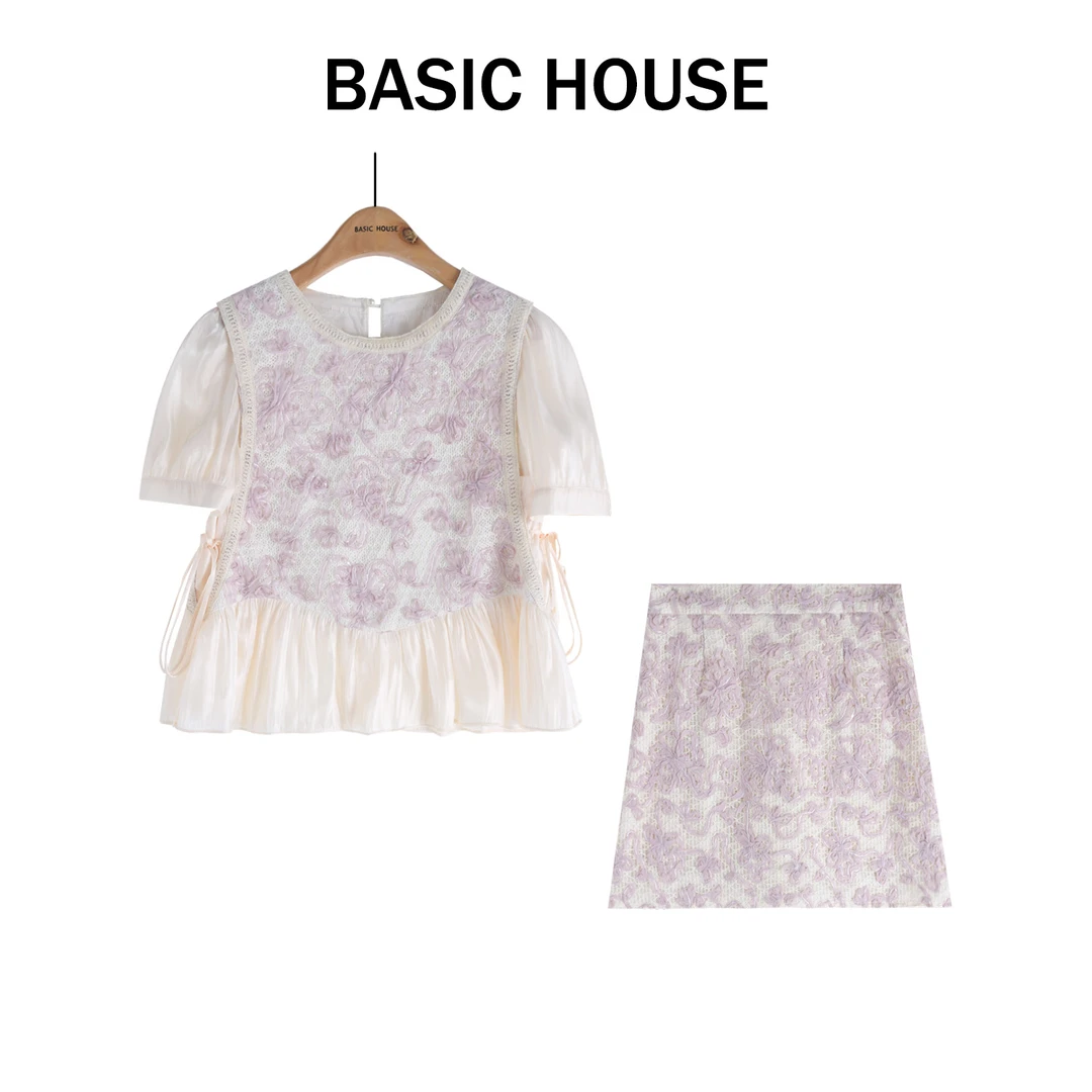 Basic House/百家好夏日重工绣花荷叶边上衣半裙套装B1335B5S3I2