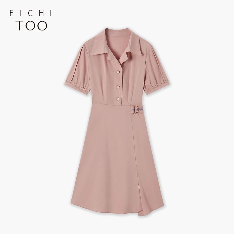 A爱居兔夏季新款polo领本布腰带收腰纯色短袖衬衫裙EQLBJ2P046A