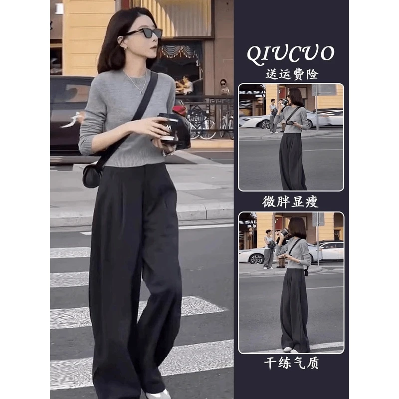 雅丹高智淡人一整套灰色短款长袖针织上衣宽松阔腿裤炸街两件套装