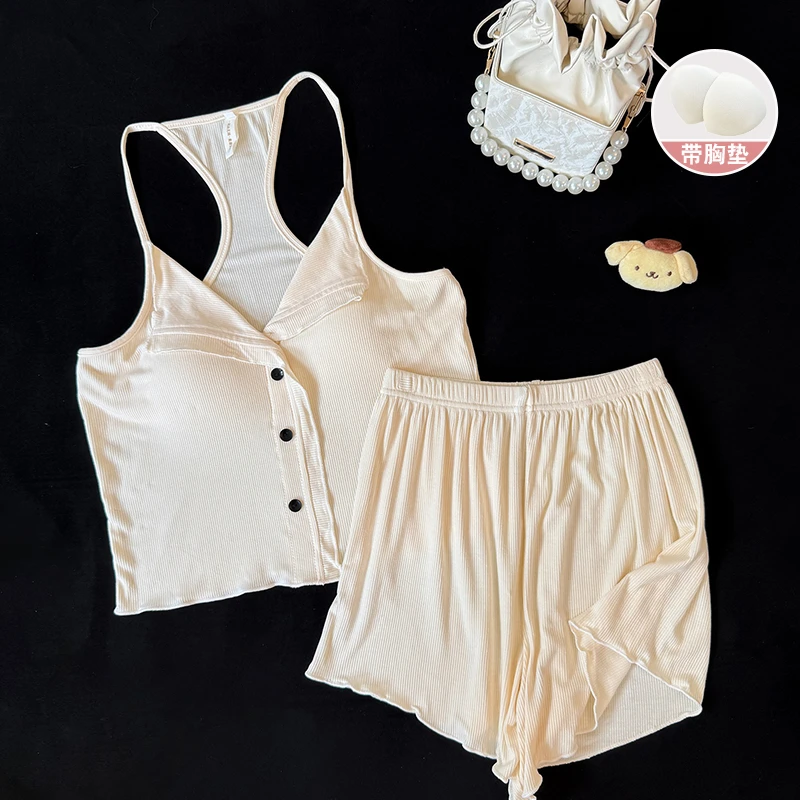 防走光带胸垫睡衣女款夏季莫代尔新款奶油杏色吊带女士露背两件套