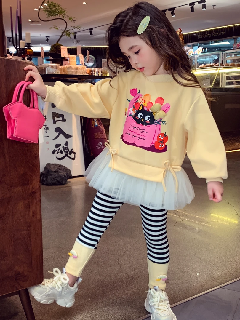 MK&DK女童套装秋装2025新款儿童卡通卫衣条纹打底裤女休闲两件套