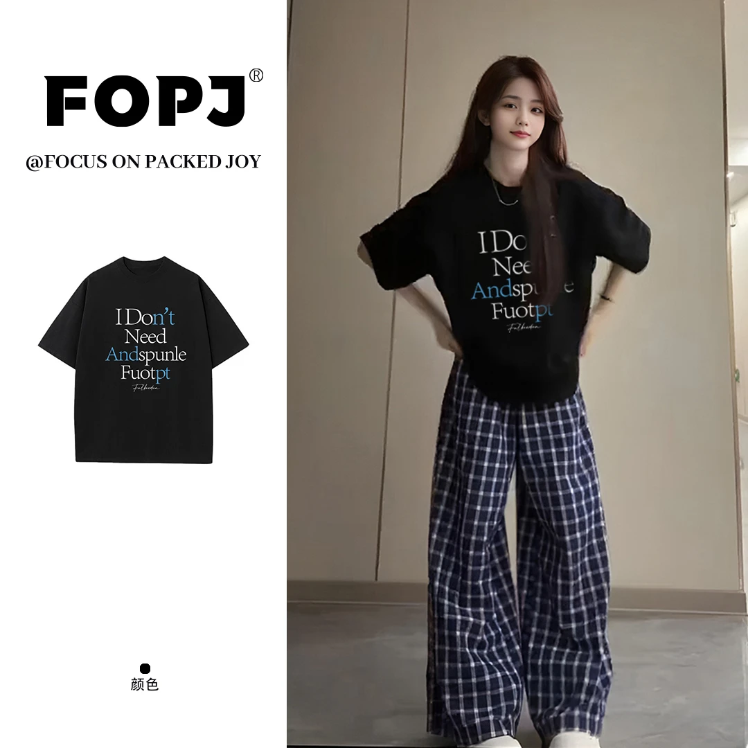 FOPJ美式慵懒时尚圆领短袖t恤女夏季新款宽松显瘦百搭学院风上衣