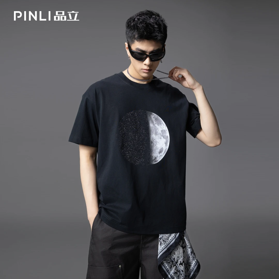PINLI品立夏季印花烫钻短袖T恤男士纯棉休闲宽松体恤GD252111328