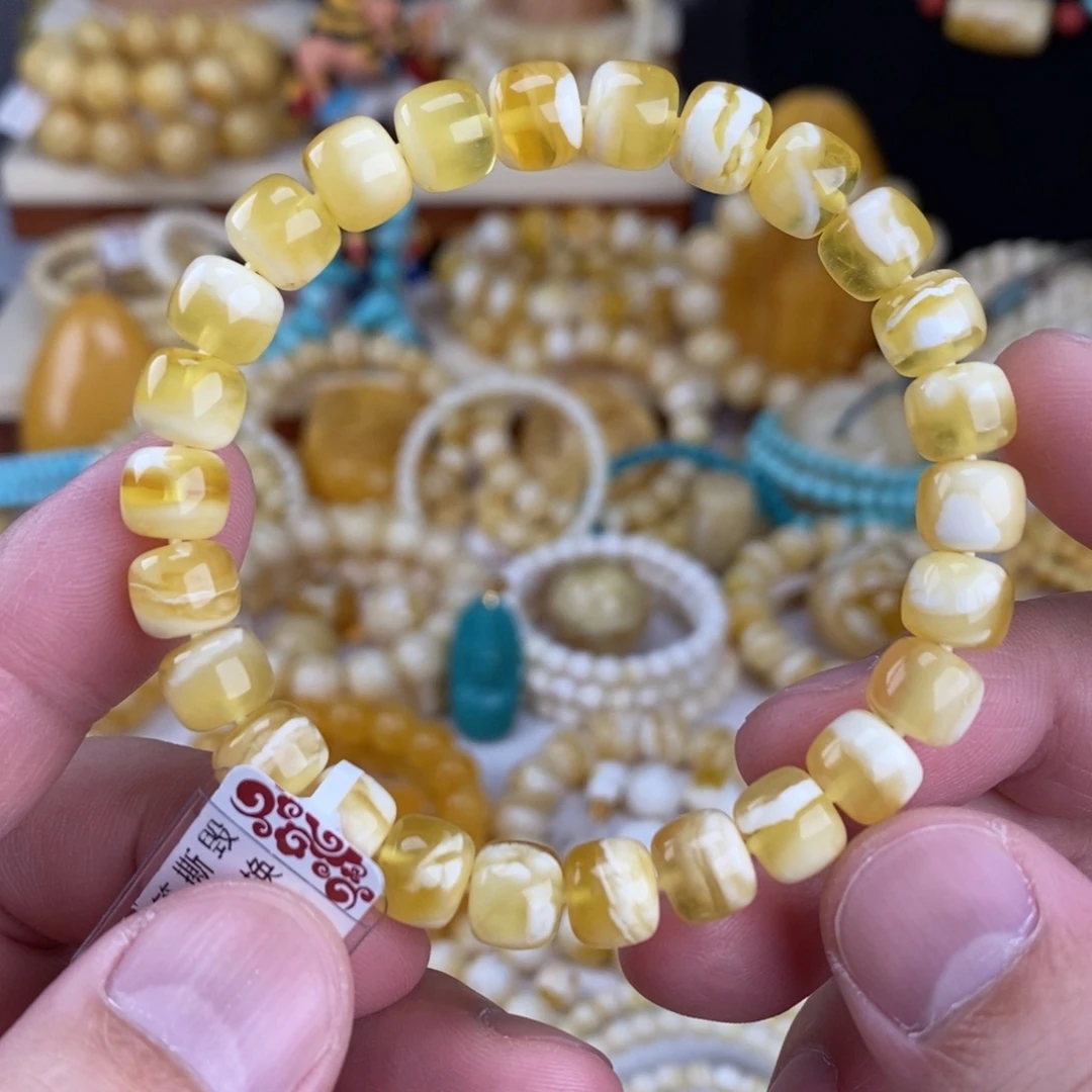 蜜蜡未镶嵌手链金瓷白妖花8.6mm