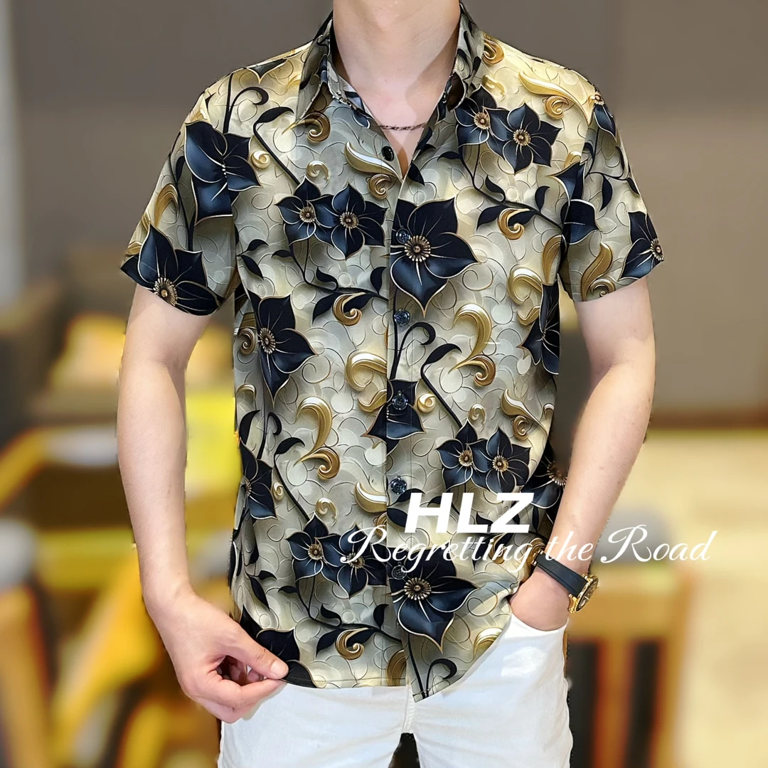 2025夏季新款修身男士休闲时尚定制款满身花朵印花翻领短袖衬衫
