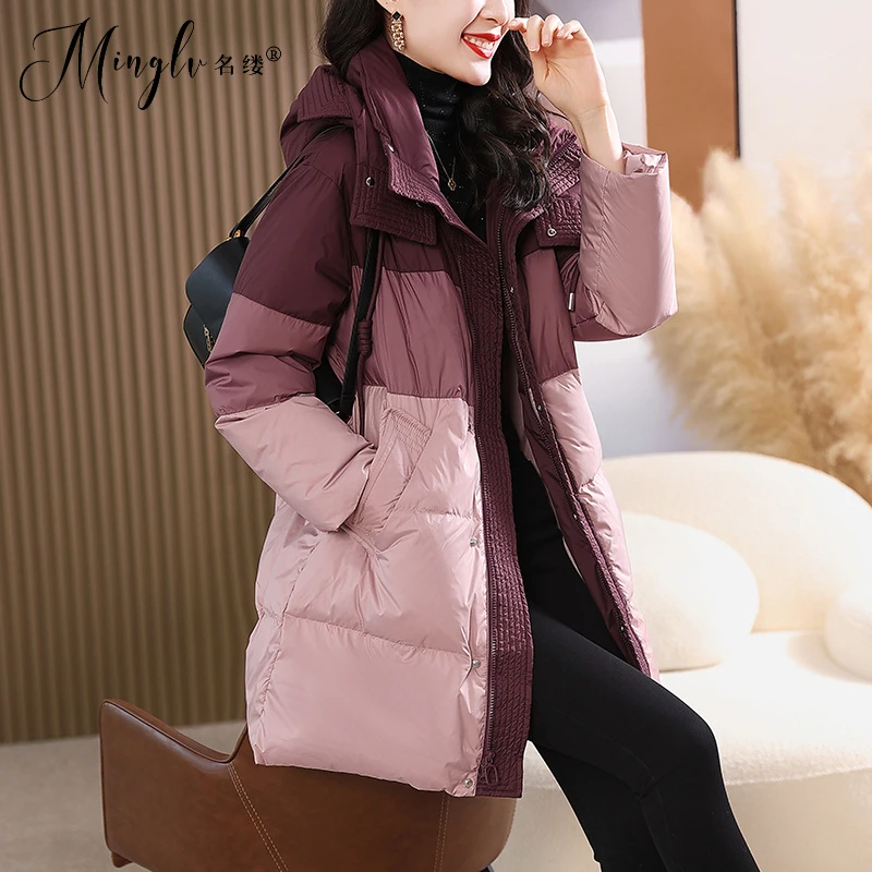 抗风羽绒服女冬季2025新款设计感撞色拼接中长款连帽加厚保暖外套