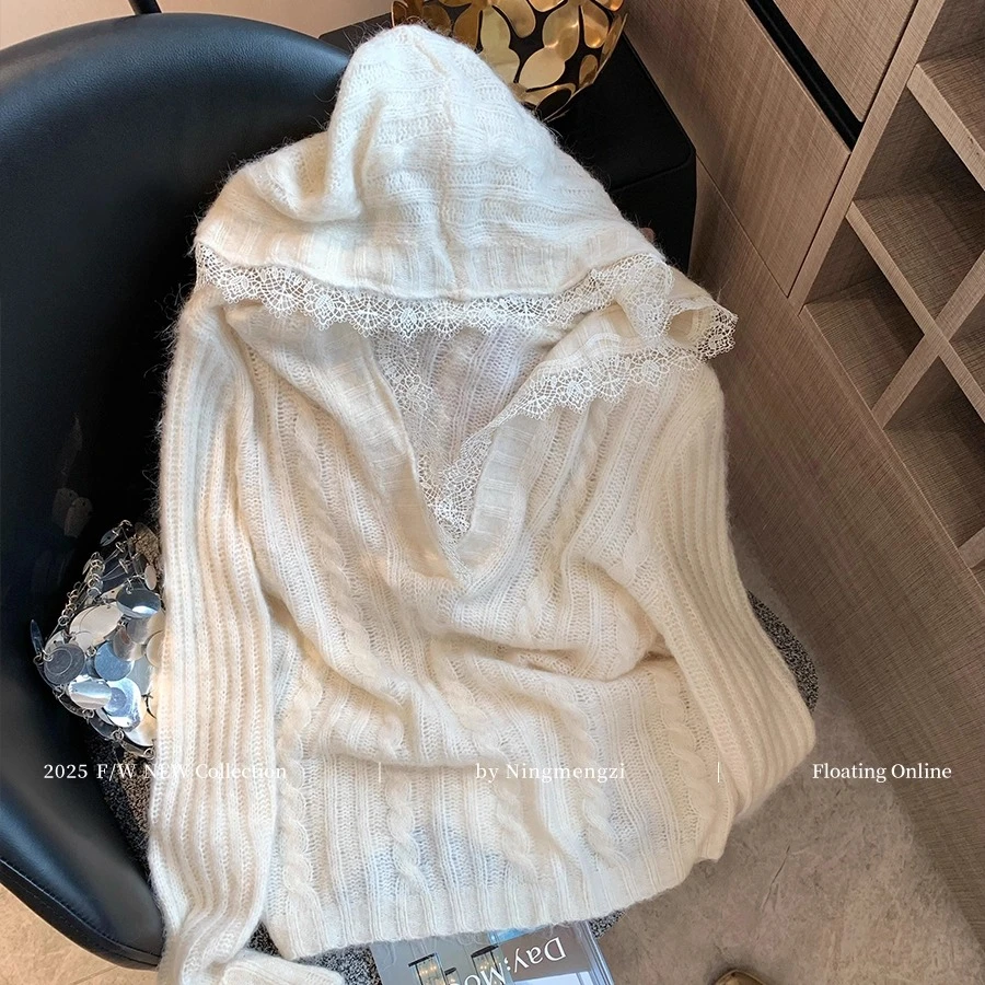 法式蕾丝拼接连帽针织衫女2025年早秋新款慵懒风气质温柔显瘦毛衣