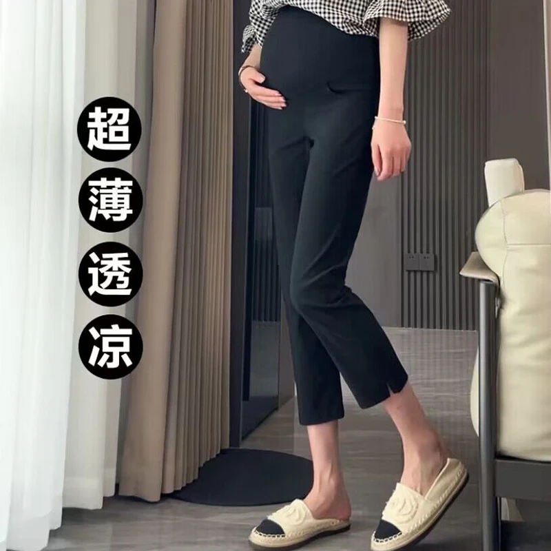 小个子孕妇薄款烟管裤2025夏季新款时尚小黑裤侧边开叉直筒显瘦