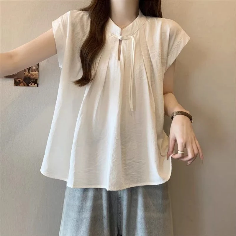 设计感禅意衬衣新中式女装夏季法式小众白色短袖衬衫宽松国风上衣