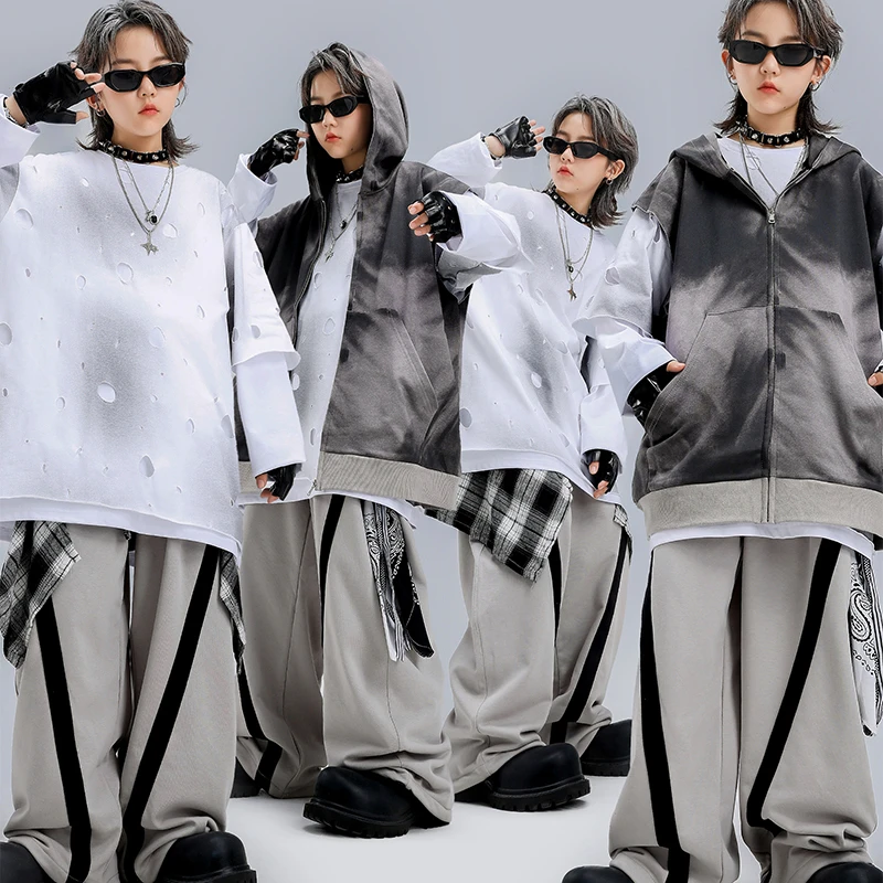 儿童街舞潮服男女童酷帅连帽马甲嘻哈hiphop舞蹈架子鼓走秀演出服