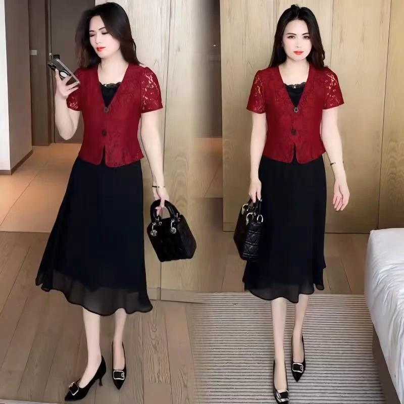 洋气假两件连衣裙女夏季新款时尚减龄短袖中年妈妈装遮肉显瘦裙子