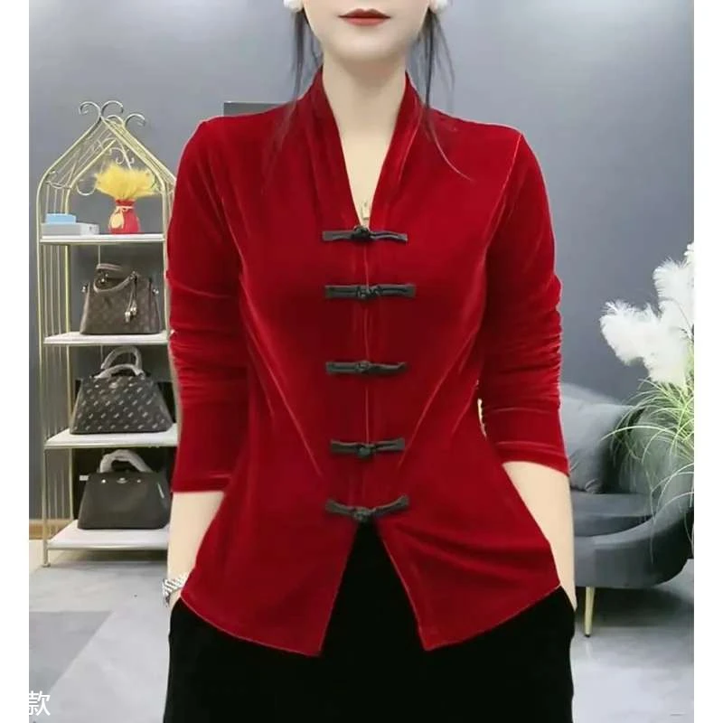 新中式大码显瘦百搭丝绒T恤上衣女2025春季新款时尚国风盘扣小衫
