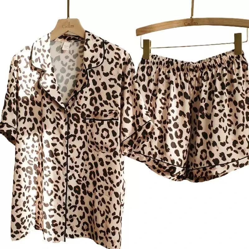 新款月光绸豹纹性感小众设计款短袖短裤家居服套装1793#