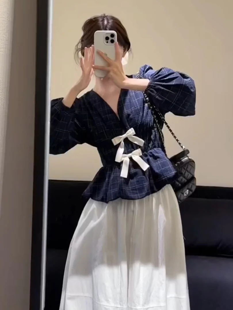 秋季穿搭一整套减龄洋气时尚高级感富家千金小香风格纹衬衫套装裙