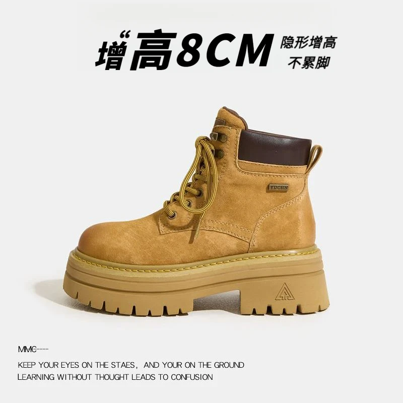 头层牛皮增高8cm潮流马丁靴女款百搭短靴英伦风大黄靴小个子女靴.